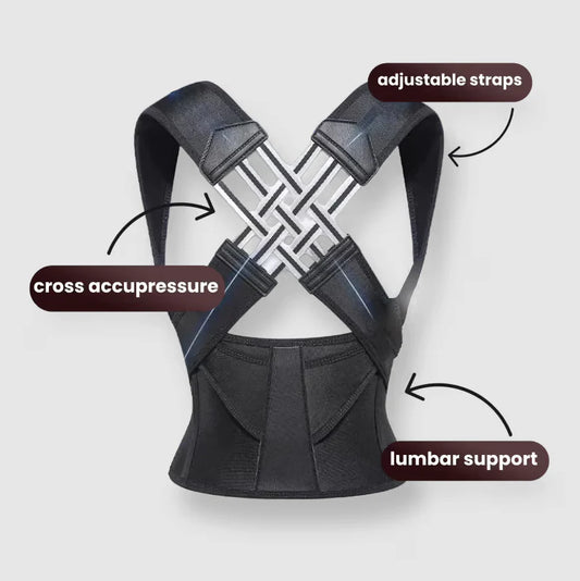 AlignPlus Posture Corrector rear view with adjustable straps and lumbar panel labelled