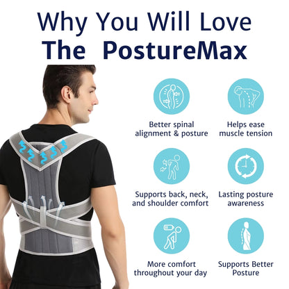 BackEase Posture Support worn by a man, rear view, with comfort feature icons