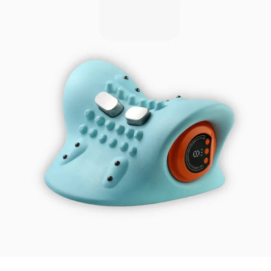 NeckCalm Cervical Massager in light blue with massage nodes and side display